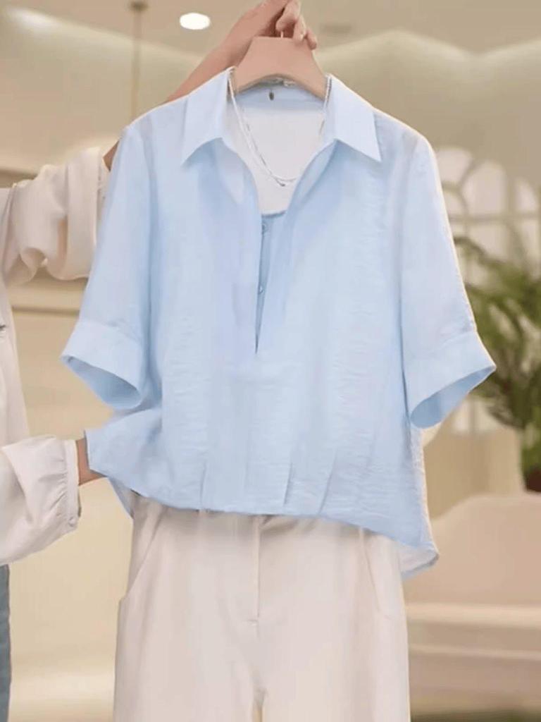Plus Size Summer Polo Collar Chiffon Shirt - Loose, Lightweight Silk Short Sleeve Top for Women