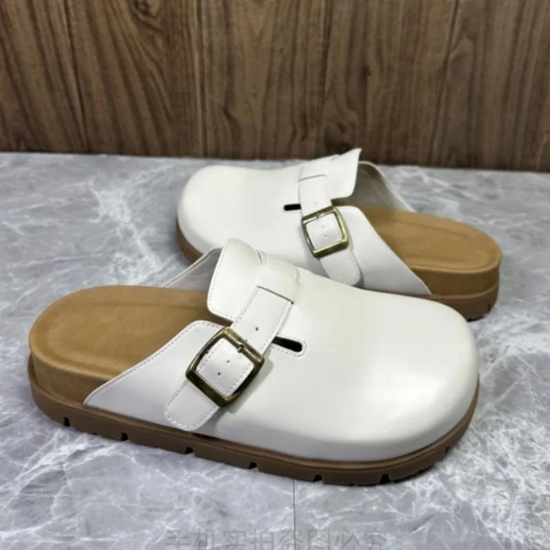 Fashion 2025 New Closed Toe Slip-On Sandals Women Fashion Belt Buckle Summer Minimalist Casual Comfortable Outdoor Flat Slipper Zapatos