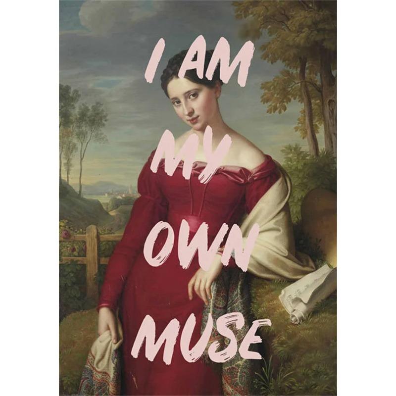Funny Vintage Altered Art Portrait Poster I Am My Own Muse Pink Quote Prints Madame de Pompadour Canvas Painting Home Decor