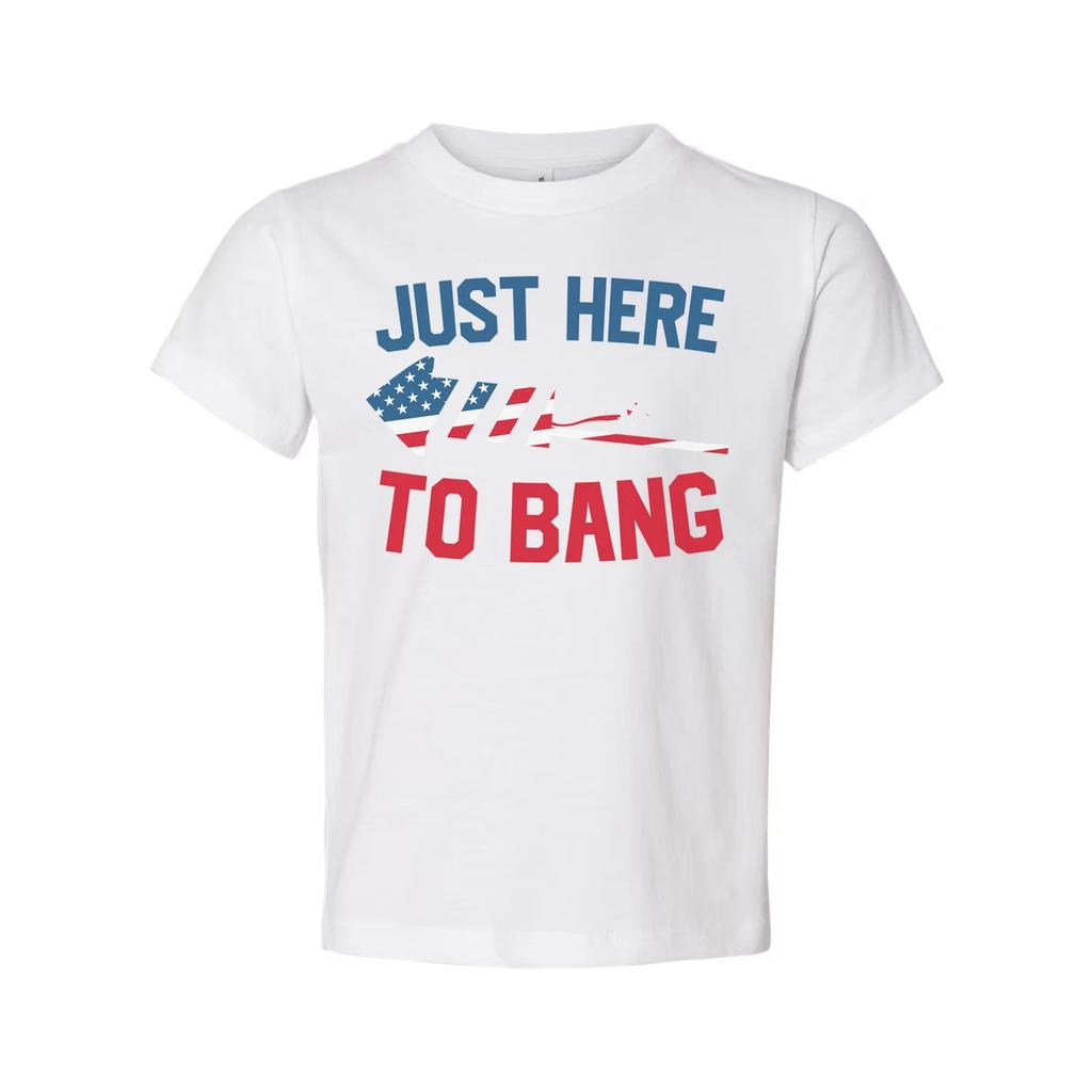 Just Here To Bang Unisex Patriotic Tee With American Flag Graphics For Everyday
