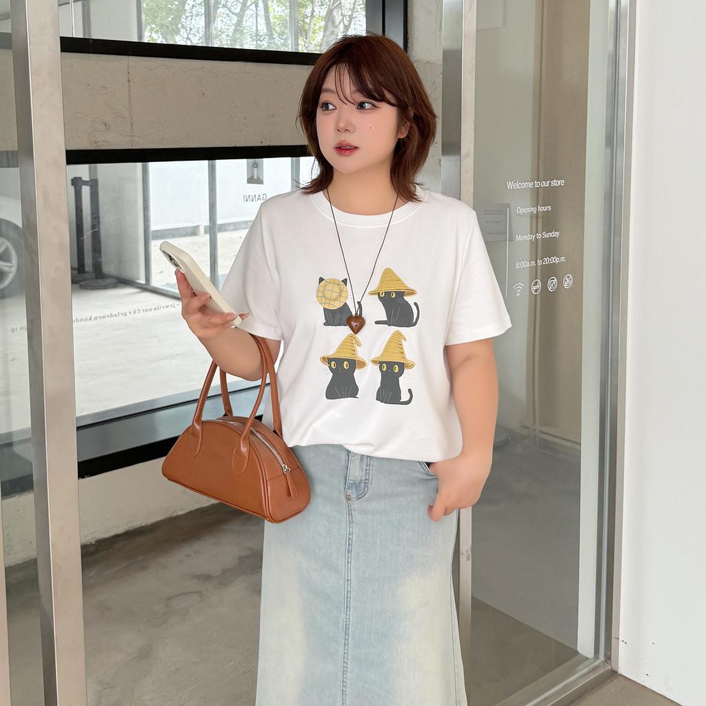 Large size women's clothing cute contrasting color cartoon print T-shirt 2026 new crew neck front shoulder top 214373