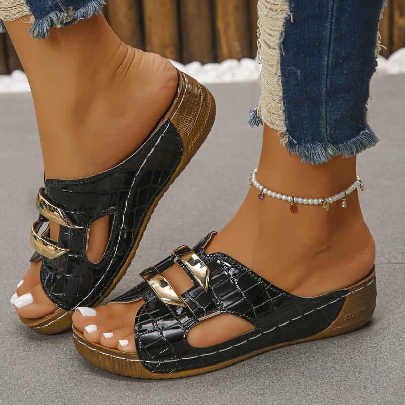 Женские сандалии с открытым носком широкой полноты, платформа-клинья с вырезами и металлической пряжкой, летние уличные шлепанцы для женщин