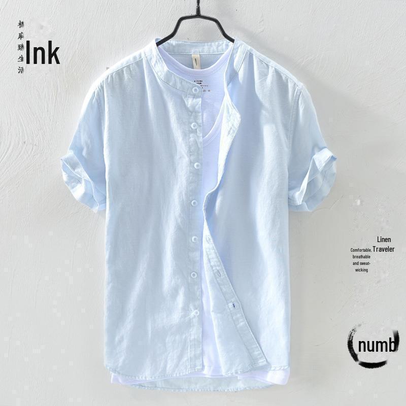 Мужская повседневная льняная рубашка с коротким рукавом - свободный, легкий летний топ