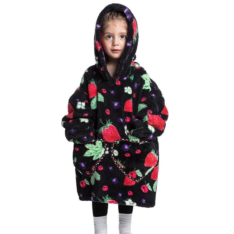 Kids Plush Hooded Pullover Loose Warm Coat Heart Shaped Pocket Cute Cartoon Printed