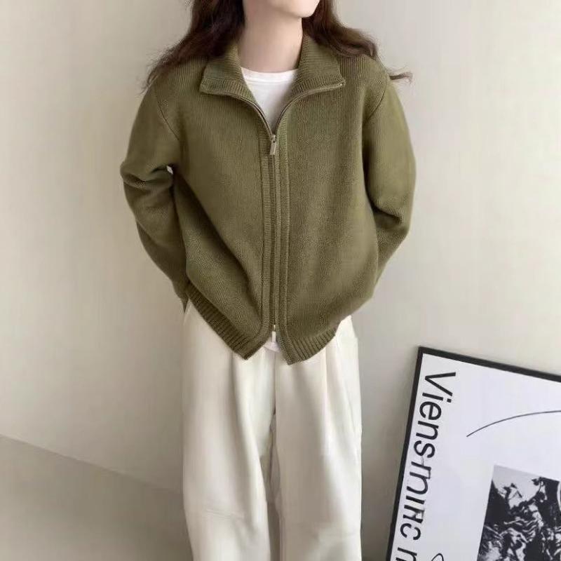 Осень и зима новый свитер на двойной молнии куртка женская толстая с воротником-стойкой повседневный дизайн короткий вязаный кардиган женский