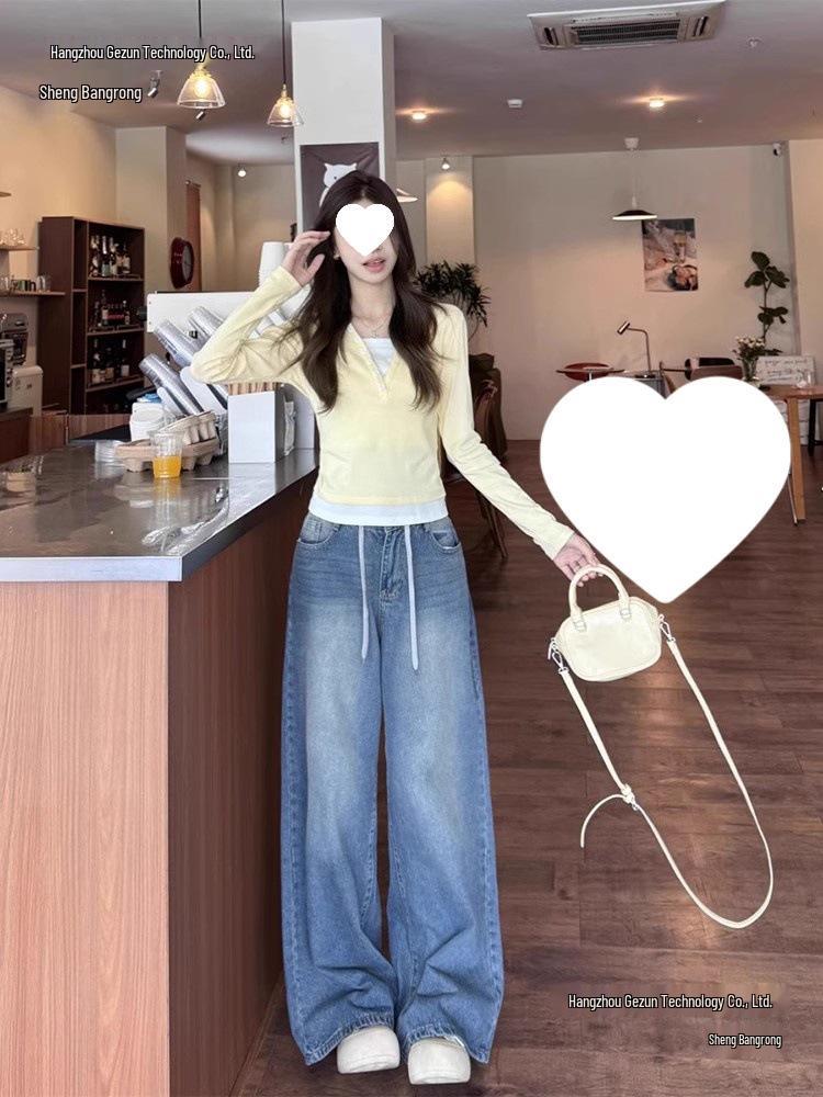 Женская приталенная футболка с длинным рукавом молочно-желтого цвета: Имитация двойки, Прямое плечо, Короткий дизайн, Коллекция ранней осени 2025