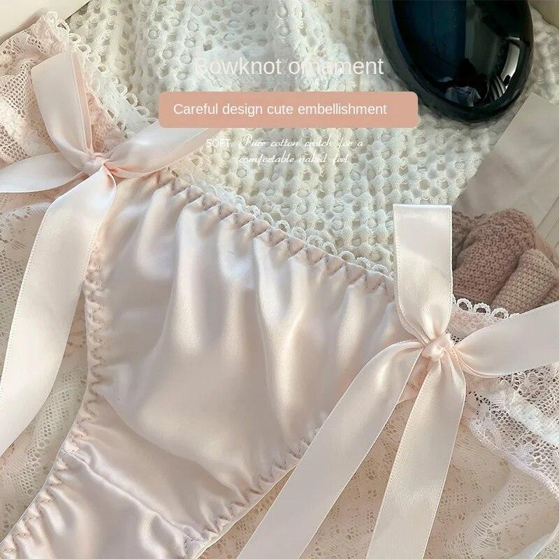 Ladies Sexy Mesh Panties Mid-waist Seamless Lace Underwear Briefs Japanese Style Young Girl Underwear Pink Bow Lingerie