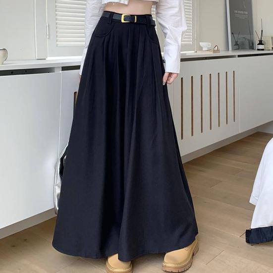 Women Skirt Elegant Flared A-Line Midi Skirt with Pockets Fashionable Solid Color Lady Skirt for Autumn