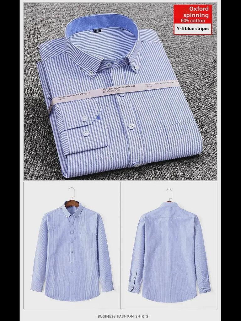 Мужская приталенная рубашка Oxford с узором в полоску и защитой от морщин, повседневная, с длинными рукавами, простая в уходе, корейский стиль