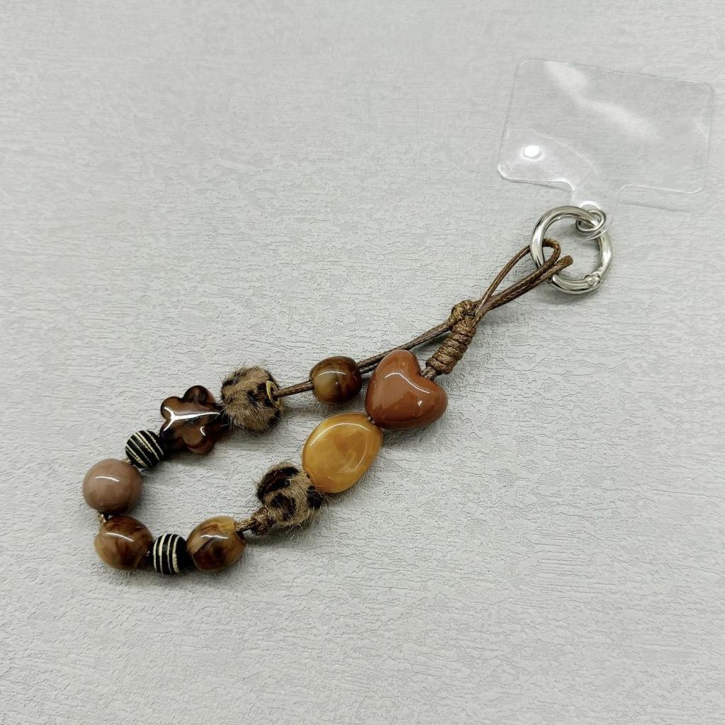Niche Heavy Craft Cartoon Plush Leopard Brown Heart Beaded Phone Chain Bag Pendant DIY Bag Decoration Gift