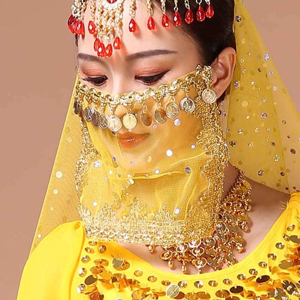 Indian Dance Sequins Women Performance Accessories Rhinestone Face Veils Mesh Belly Dance Costumes