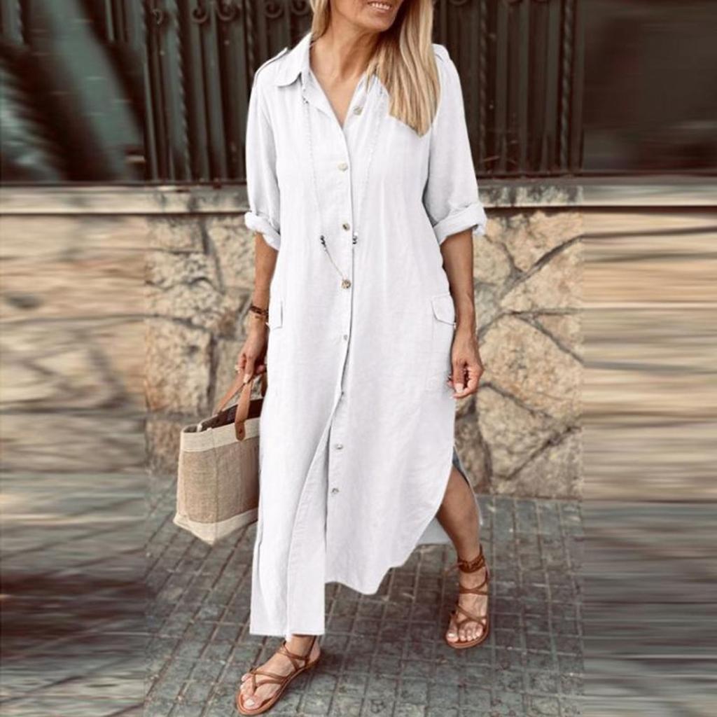 Women Fashion Casual Cotton Linen Dress Solid Color Long Sleeve Long Dress