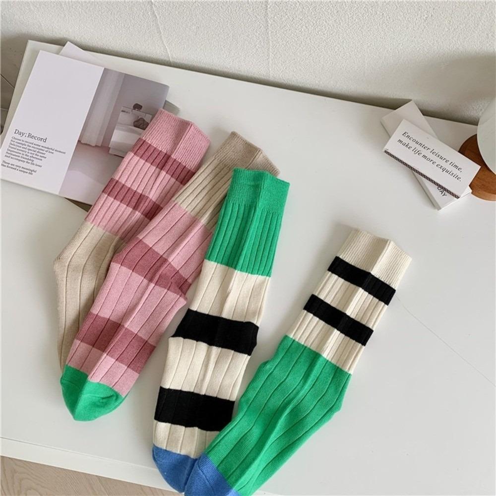 A Pair Stripes Mid Tube Socks Warm Womens Crew Socks Durable Cotton Socks At All Seasons