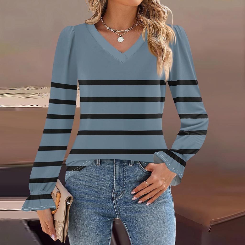 Женский повседневный топ с длинными рукавами и полосатым принтом, с v-образным вырезом