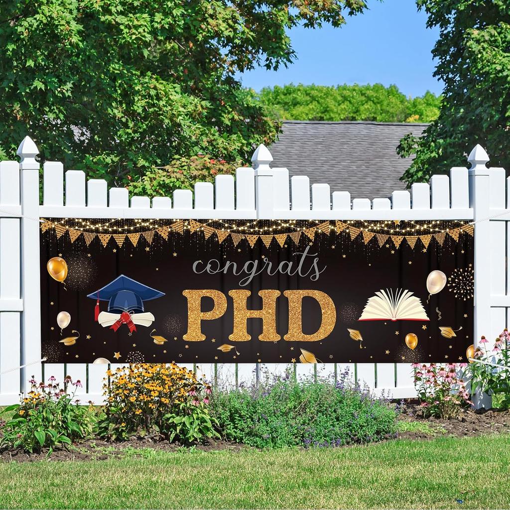 Large Congrats PHD Banner Phinished Garden Backdrop Banner PHD Graduation Lawn Sign Congrats Degree Graduation Party Outdoor Indoor Decorations, 72 x