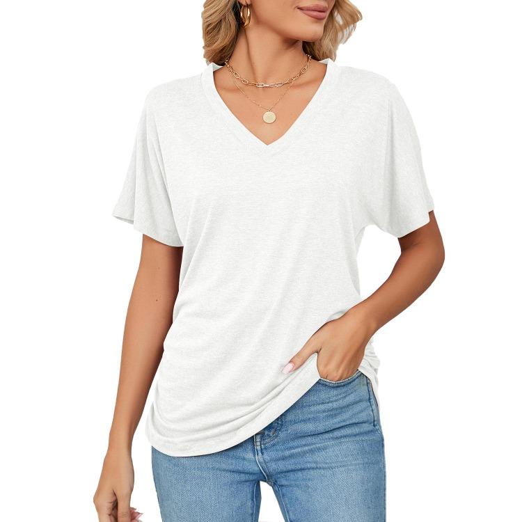 Summer New Casual V-neck Pullover Solid Color Loose T-shirt Women's Top European American