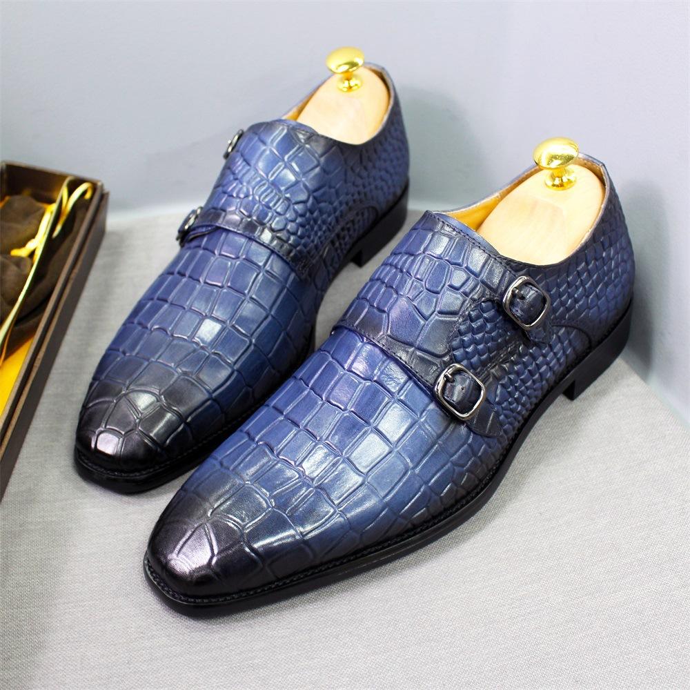 Men'S Shoes Double Buckle Crocodile Pattern Monk Munk Shoes Foot Cover Dress Leather Shoes Men'S Handmade Craft Pure Leather Suit Low Top