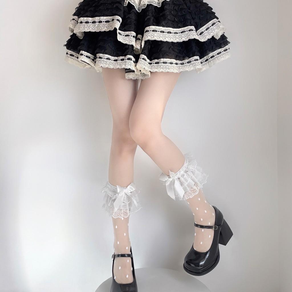 Youth Nylon Tiered Stockings With Ruffle Lace Edging For Spring And Summer