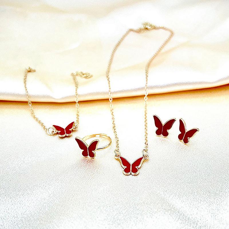 1Set Fashion Exquisite Simple Versatile Butterfly Necklace Bracelet Earrings Ring For Women Girls Wedding Party Jewelry Set Gift