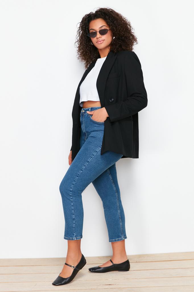 Женские джинсы больших размеров, модные синие короткие джинсы нового сезона, гибкие узкие джинсовые джинсы