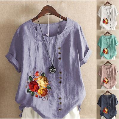 Женская модная футболка с круглым вырезом и коротким рукавом, повседневная хлопковая льняная рубашка с рисунком, свободная летняя блузка с принтом цветов и растений для отдыха, топы больших размеров
