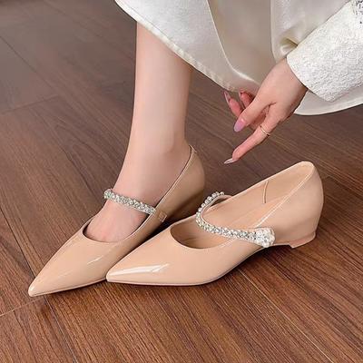 Мода Внутренне Увеличенные Одиночные Туфли Осень Новые Остроносые Мелкие Слипоны Стразы Ремешок Мягкая Подошва Нескользящие Износостойкие Балетки