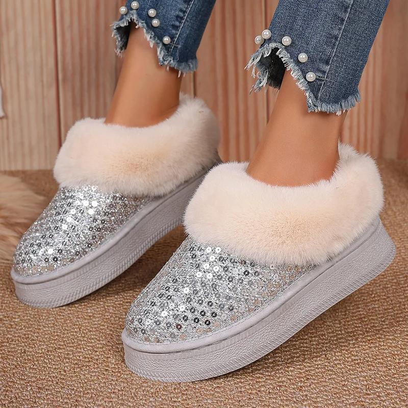 Fashion Sequins Decor Platform Snow Boots Women Fashion Keep Warm Faux Fur Winter Boots Woman Shiny Fuffly Furry Ankle Boots Ladies 42