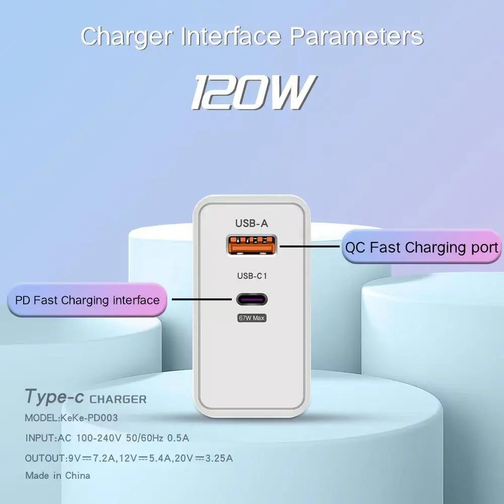120W 6A Fast Charger PD Quick Charging USB C Power Adapter Wall Charger With Type C Cable For High Power Fast Charging Devices