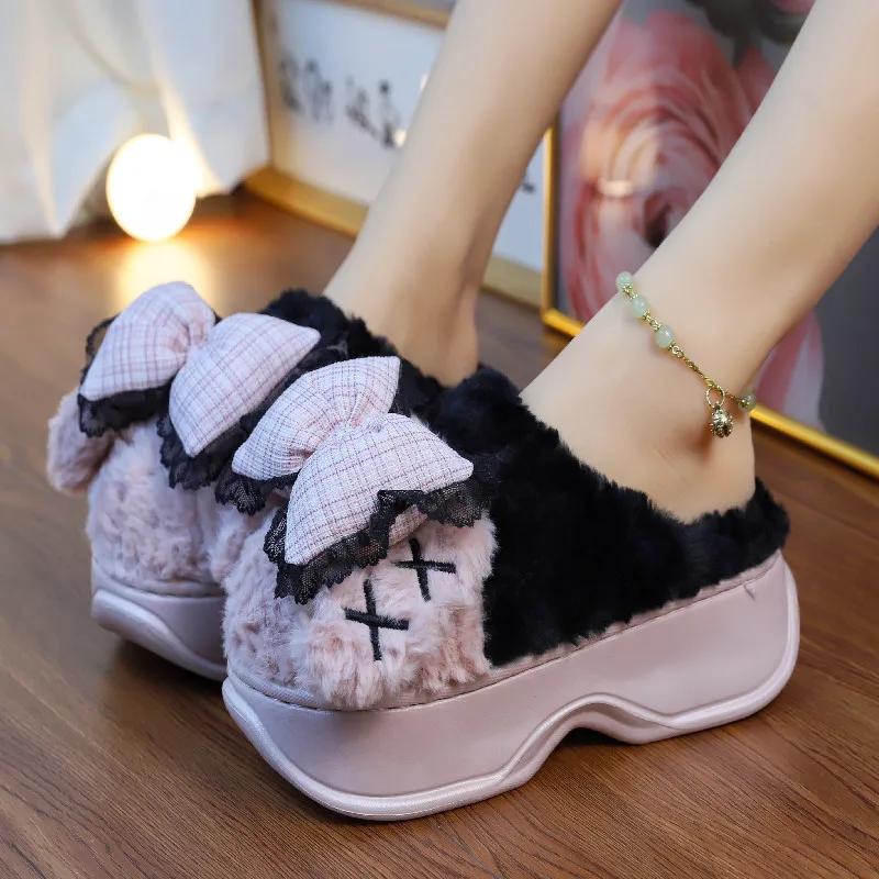 Модная зимняя новинка женская обувь модные теплые хлопковые тапочки на толстой подошве милые бантики аксессуары Баотоу домашние плюшевые хлопковые туфли