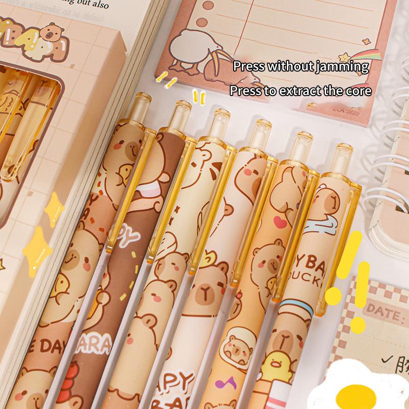 Набор из 6 ручек Kawaii Capybara Gel Pen, быстросохнущие черные и синие чернила, симпатичные гелевые ручки Press, эстетичные канцелярские принадлежности для школы и офиса