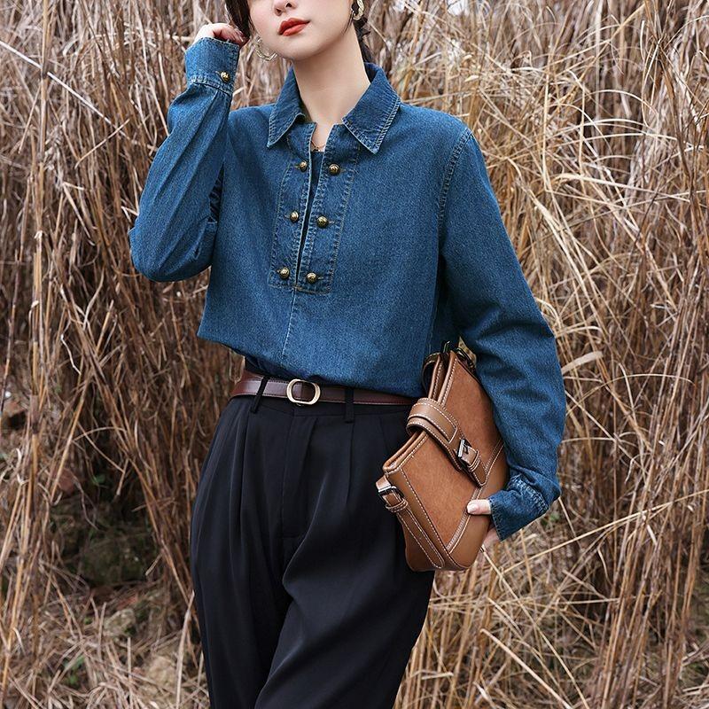 Ретро джинсовая рубашка для женщин 2025 Новая осенняя многослойная повседневная универсальная ретро с длинным рукавом универсальный пуловер