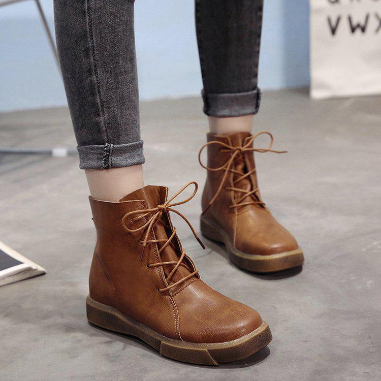 Fashion Women PU Leather Ankle Boots Ladies Retro Shoes Woman Flats Lace Up Light Weight Soft Bottom Sewing Women's Shoes New