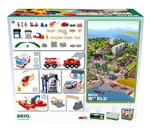 BRIO WORLD Набор «Спасательная команда» 36025 [44 детали] для детей от 3 лет (Игрушечный электрический поезд с деревянными рельсами) Красный, зеленый, синий и желтый