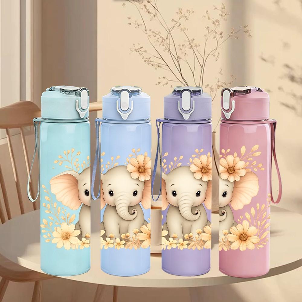 1PC Floral Baby Elephant Cartoon 750ml Color Plastic Sports Water Bottle Leakproof Flip Straw Lid Suitable for Sports Office Home Use