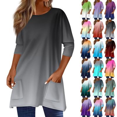 3/4 рукава кармана топы для женщин футболка повседневный принт средней длины топы футболка круглый вырез пуловер блузка