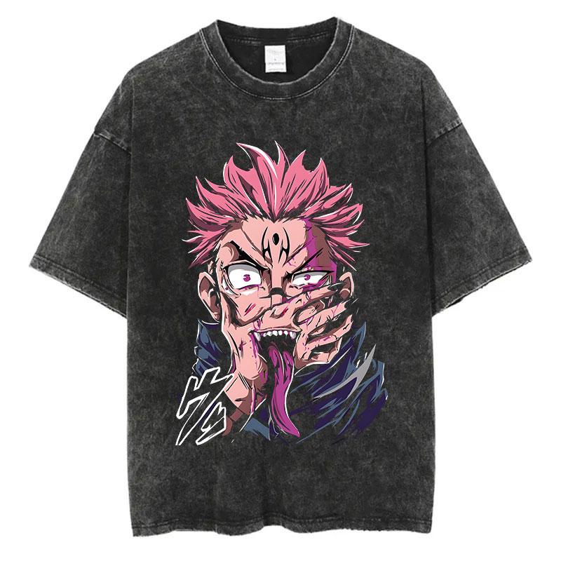 Летняя стираная футболка с аниме-принтом Streetwear Винтажная оверсайз футболка Мужская модная хлопковая футболка Черная футболка