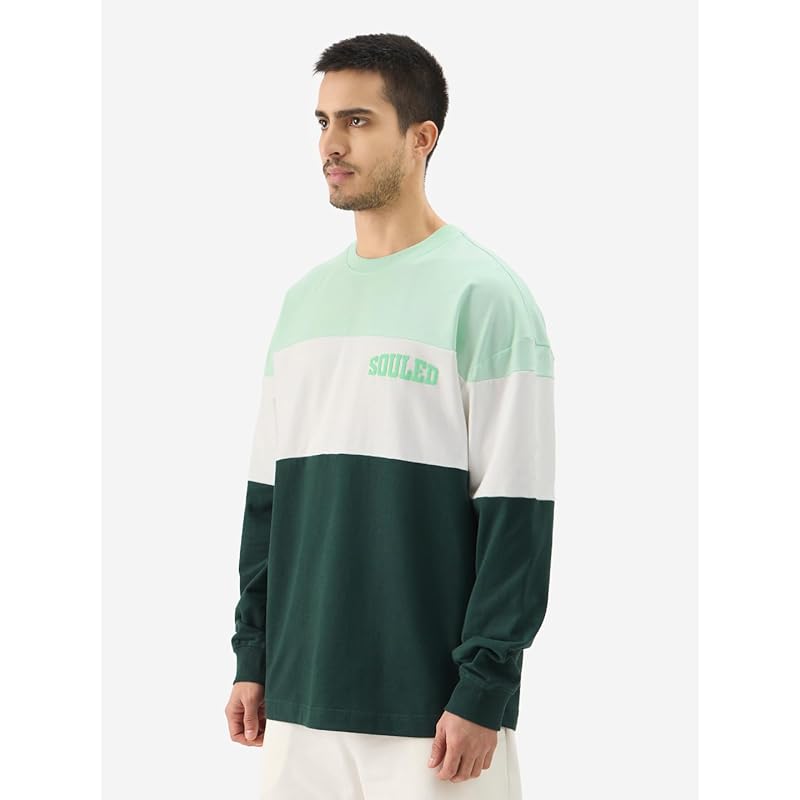 The Souled Store Джаспер Мужские и мальчишеские футболки с круглым вырезом, цветоблоки зеленый и белый, длинный рукав, оверсайз Мужские оверсайз