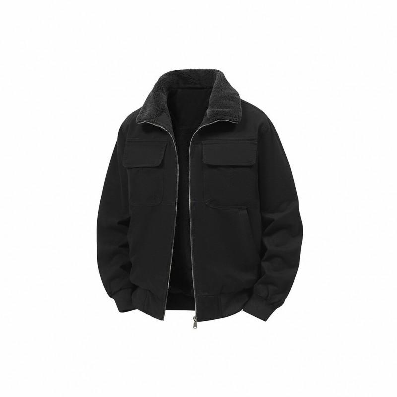 Mens Thickened Fleece-Lined Cotton Work Jacket Winter Warm Turn-Down Collar Casual Coat