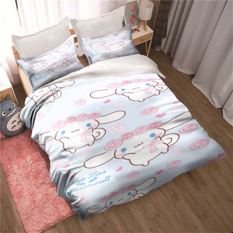 3D printed cartoon Cinnamoroll themed three-piece bedding set, including duvet cover and pillowcases, a perfect holiday gift.