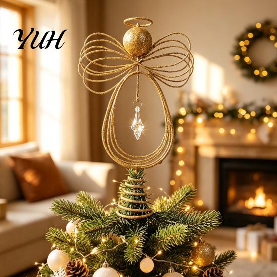 Metal Wire Angel Figurine Christmas Tree Topper, Gold Glitter Crown Elegant Room Display Ornament for Holiday Home Decor And Seasonal Indoor