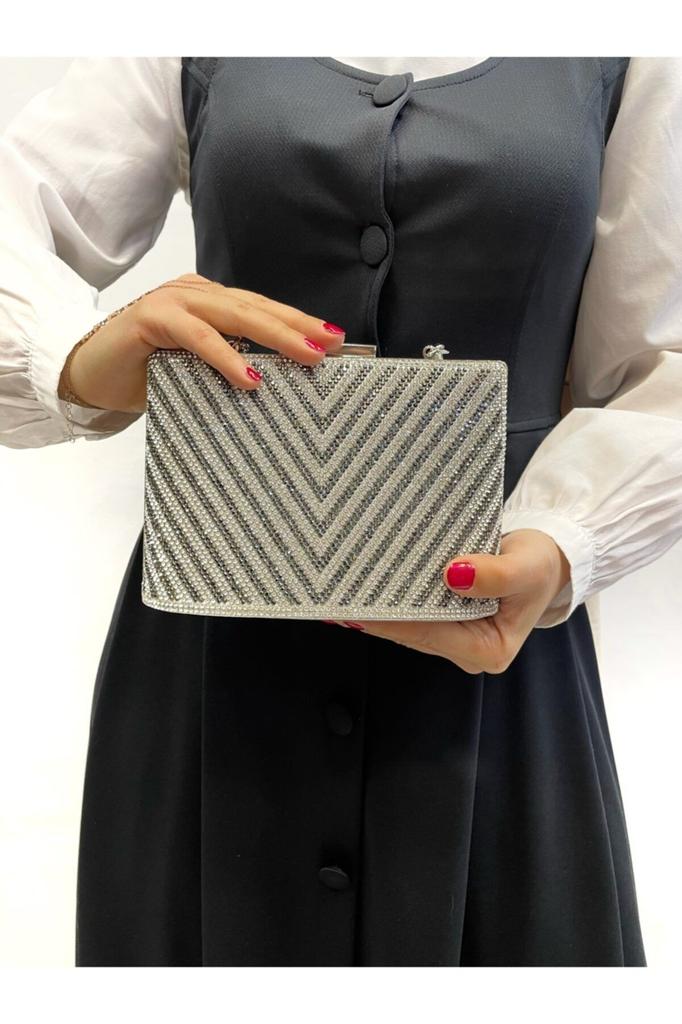 Women's Stylish and Useful Evening Dress Bag Women's Silver Triangle Patterned Evening Bag