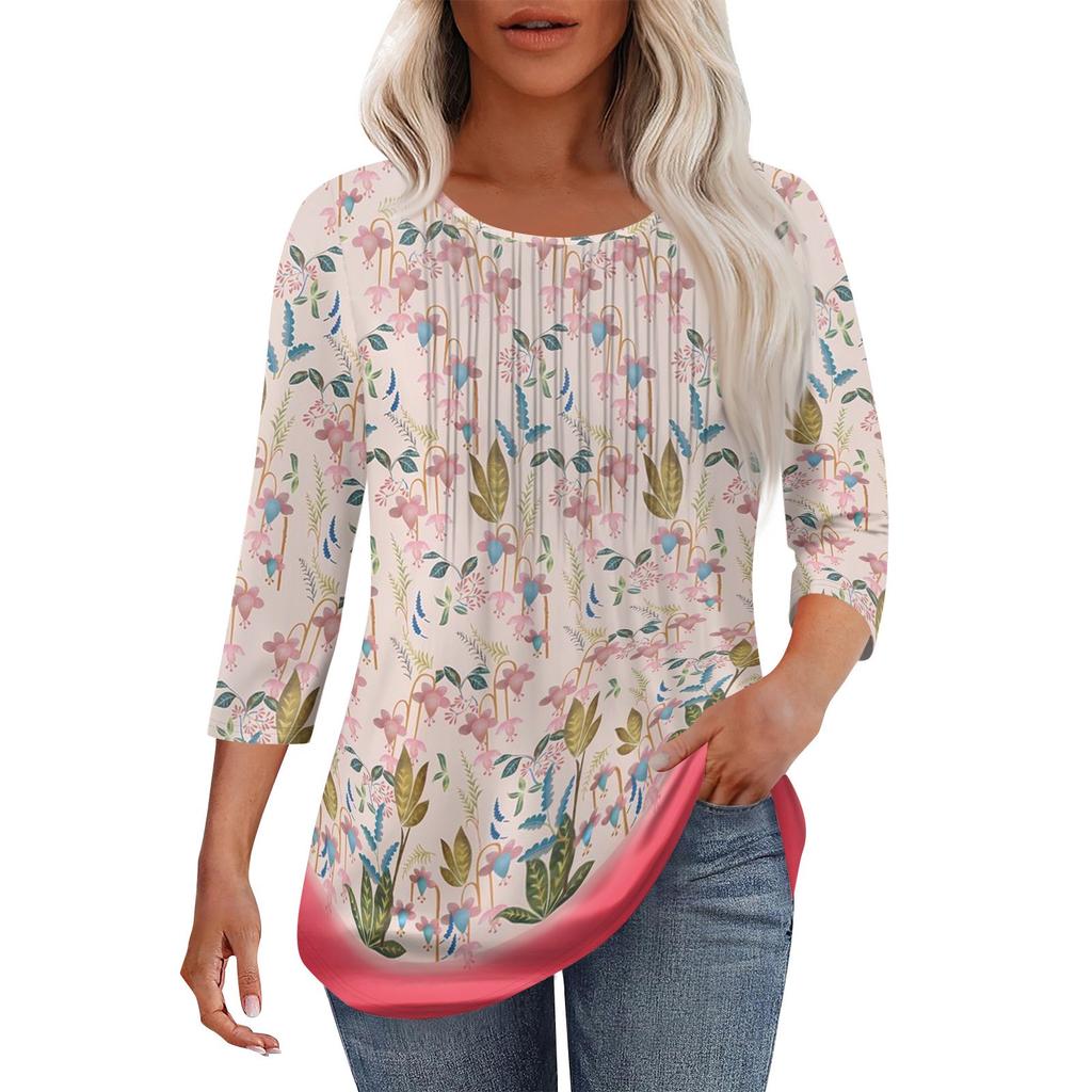 Women's Fashionable Casual Pleated Round Neck Casual Floral Print Seven Quarter Sleeved T-shirt Top