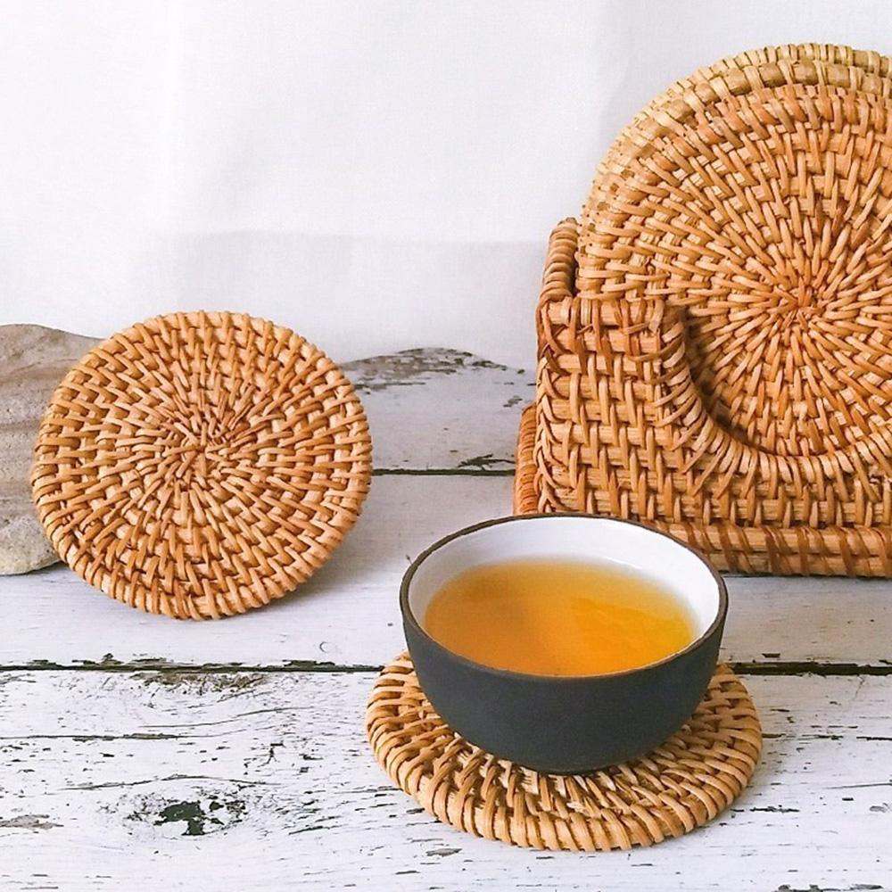 Handmade Round Natural Rattan Pad Multi-Use Heat Insulation Anti Scald Round Tea Cup Mat Pot Kitchen Decoration Accessories
