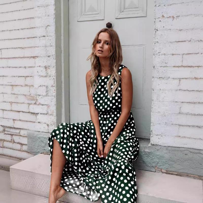 2025 Spring Summer Fashion Printed Polka Dot Women Dress Sleeveless Elegant Loose Round Neck A-line Party Long Dress Versatile Casual Simple Clothing