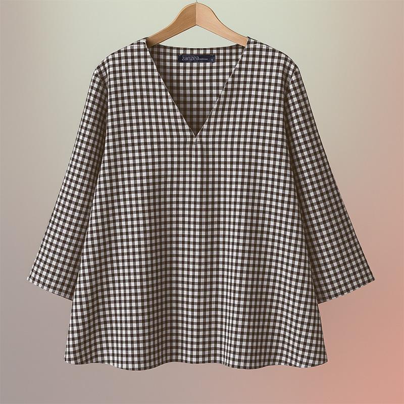 ZANZEA Женская повседневная блузка с V-образным вырезом, рукавами 3/4 и свободным кроем, в клетку