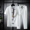 Shirts + Pants Summer Cotton Linen Shorts Sleeve Men's Casual Sets Male Fashion Trousers and Shirts Men