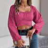 2024 Spring Summer Women Chiffon Crop Tops Puff Sleeve Female Back Bandage T-shirts Solid Color Tees Ladies Sexy Pullovers