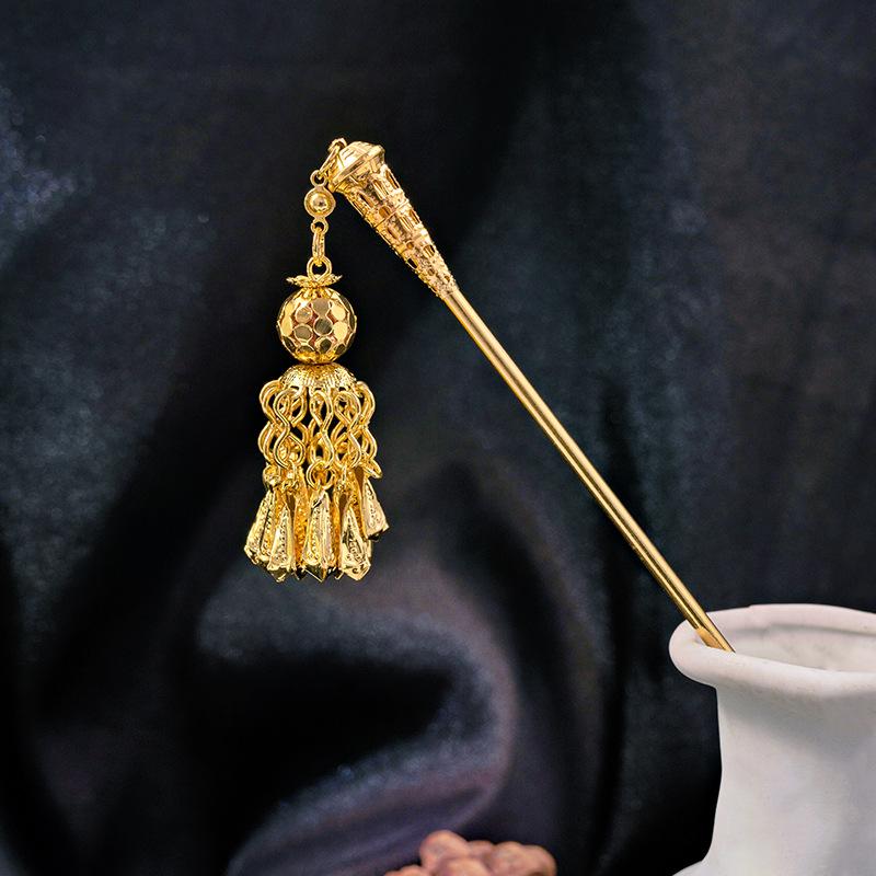 Hollow Geometric Tassel Hairpin for Women - Ethnic Style with Water Drop Leaf Round Design, Hanfu Accessory