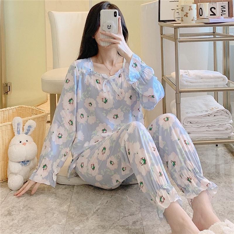 Пижамы женские с длинными рукавами из тонкого хлопка и шелка корейский комплект одежды для сна больших размеров