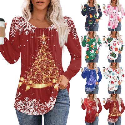 Женская повседневная футболка с круглым вырезом и длинными рукавами с рождественским принтом и складками